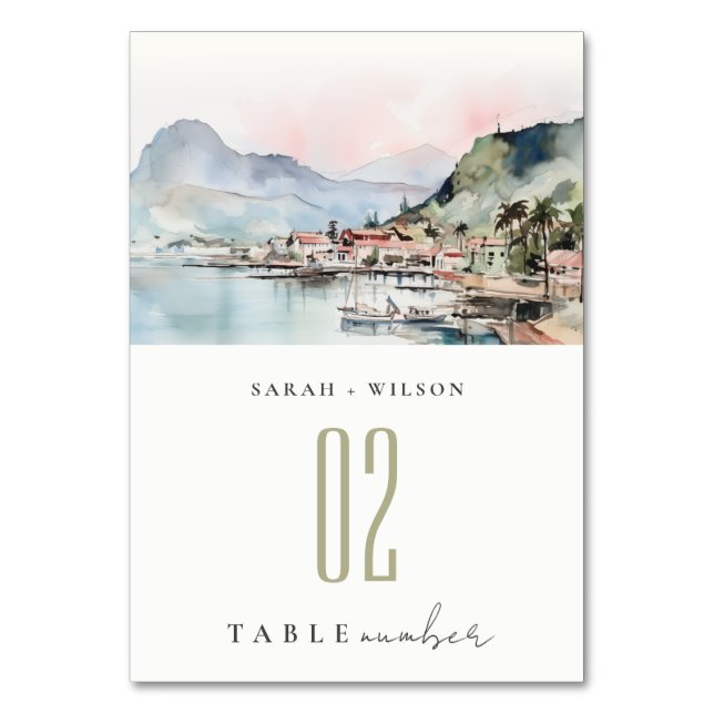 Numeração De Mesa Kauai Hawaii Watercolor Landscape Wedding (Frente)