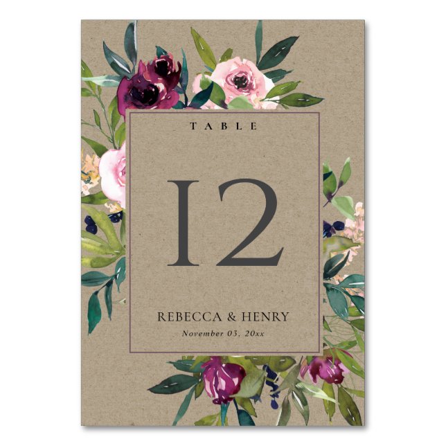 NUMERAÇÃO DE MESA KRAFT BRIGHT BLUSH BURGUNDY FLORAL BUNDY CASAMENTO (Frente)