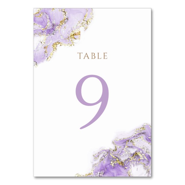 Numeração De Mesa lavanda dourado fluido mármore Quadro Número 9 (Frente)