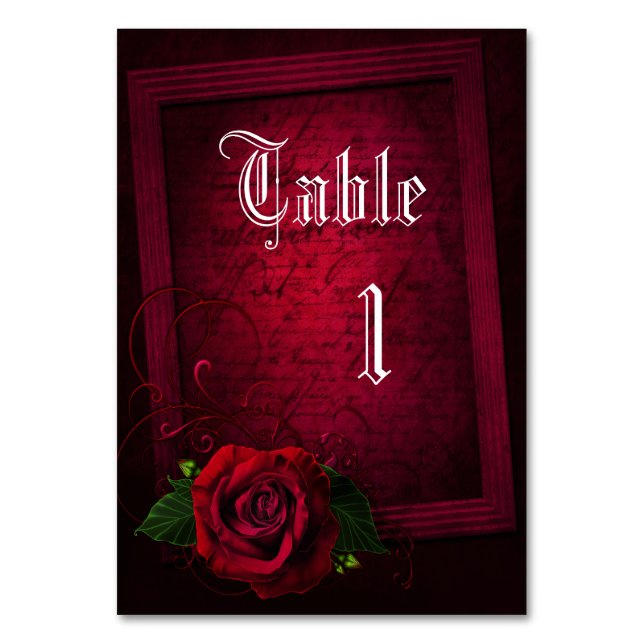 Numeração De Mesa Letra emoldurada gótica & Rosa Vermelha (Frente)