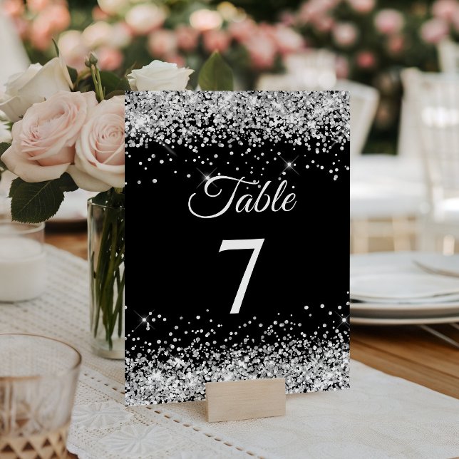 Numeração De Mesa Letras Elegantes Prateadas com Brilho Preto (Silver Glitter Black Elegant Calligraphy Table Number)