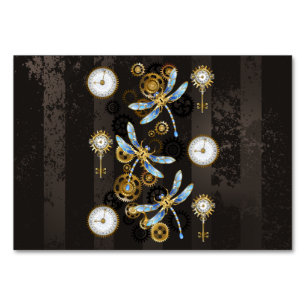 Numeração De Mesa Libélulas Steampunk em fundo listrado marrom