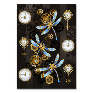 Numeração De Mesa Libélulas Steampunk em fundo listrado marrom