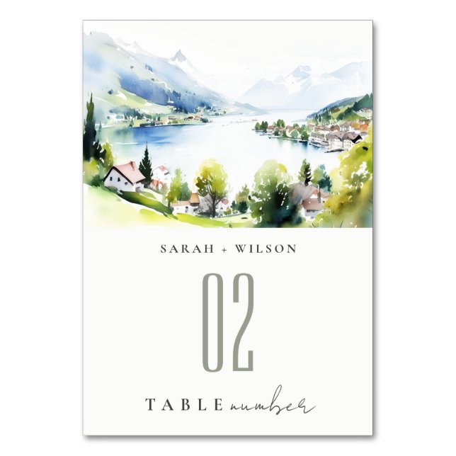 Numeração De Mesa Lungern Switzerland Watercolor Landscape Wedding (Frente)