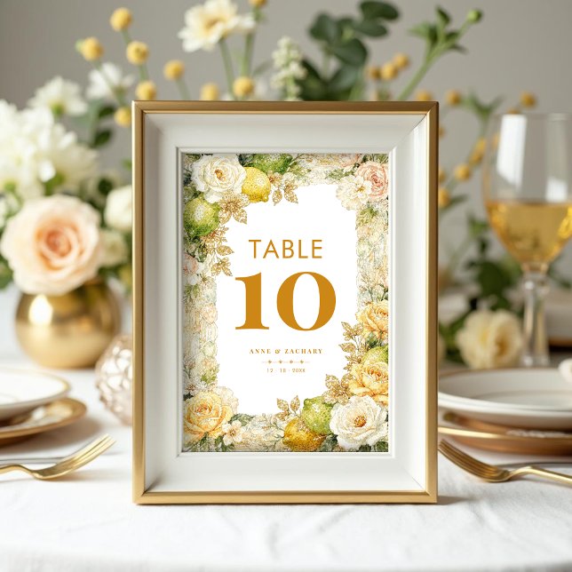 Numeração De Mesa Luxury Delicate Mediterranean Lemons & Flowers  (Luxury Delicate Mediterranean Lemons & Flowers Frame Table Number Cards with Digital Glitter Effect.)