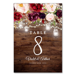 Numeração De Mesa Luzes de Corda Florais Burgundy Rústicas Casamento