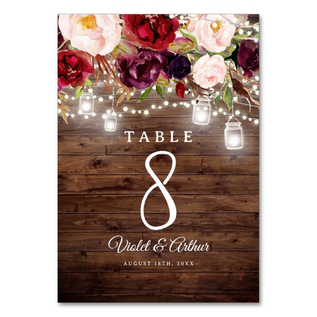 Numeração De Mesa Luzes de Corda Florais Burgundy Rústicas Casamento (Verso)