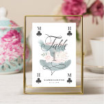 Numeração De Mesa Mad Hatter Watercolor Vintage Alice in Wonderland<br><div class="desc">Beautifully designed vintage Alice in Wonderland-themed wedding table number signs. Perfect for an Alice in Wonderland-themed wedding. We illustrated our own inspired the mad hatter's hat. Deep emerald green hat with blush pink sash and blush pink checker top. Decorated with our handpainted peacock feather, florals, playing card, and pocket watch...</div>