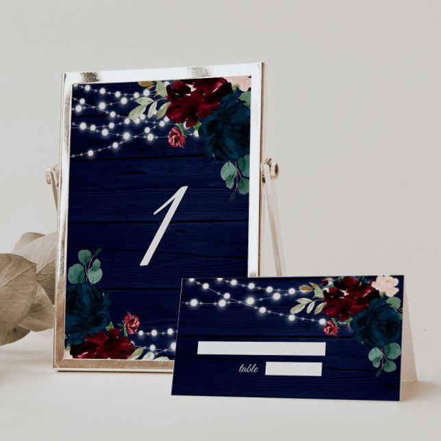 Numeração De Mesa Madeira russa Marsala e flores azuis Marinhos (Criador carregado)