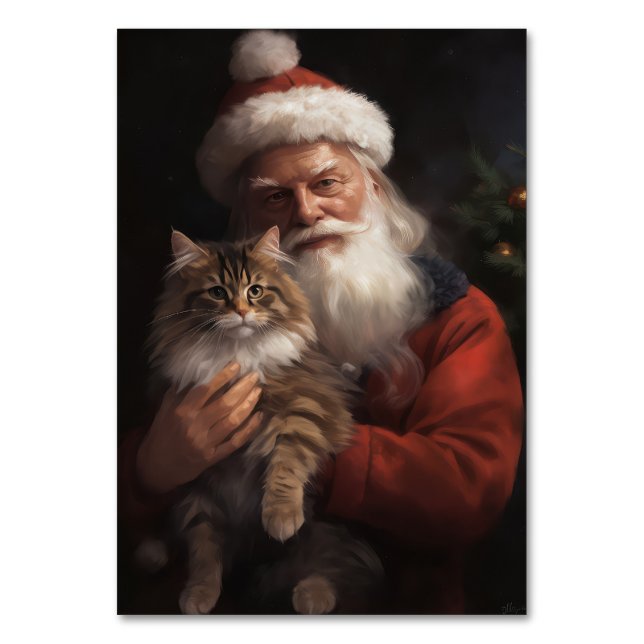 Numeração De Mesa Maine Coon com Papai Noel Natal Festivo (Frente)