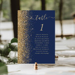 Numeração De Mesa Marinho Azul Dourado Casamento com Largura<br><div class="desc">A borda esquerda desta elegante e moderna placa de número da mesa de casamento apresenta uma borda falsa dourada. A palavra "mesa" aparece em um guião branco dourado num fundo azul marinho. Adicione os nomes dos seus convidados que estão atribuídos a cada mesa.</div>