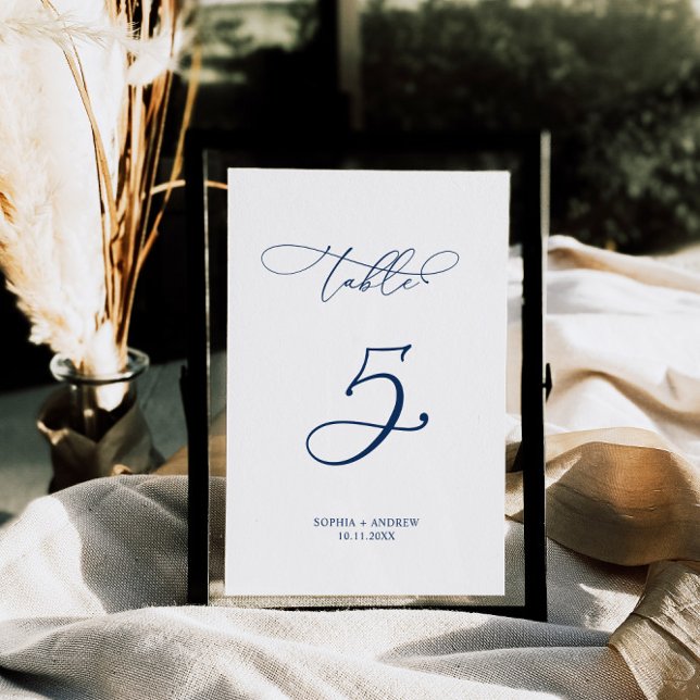 Numeração De Mesa Marinho Azul Elegante Caligrafia Mesa 5 Casamento (5 table number)
