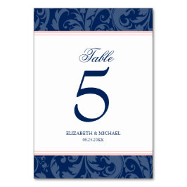 Numeração De Mesa Marinho Blue e Blush Pink Damask Swirl Casamento