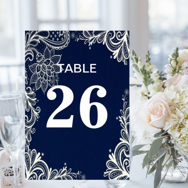 Numeração De Mesa marinho branco de rendas elegante da praia náutica (elegant nautical beach white lace navy blue table number)