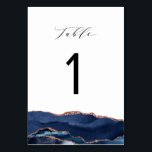 Numeração De Mesa marinho de caligrafia elegante, azul e agate de ou<br><div class="desc">marinho de aquarela azul e rosa dourado agate. Cartão de número de tabela com caligrafia moderna.</div>