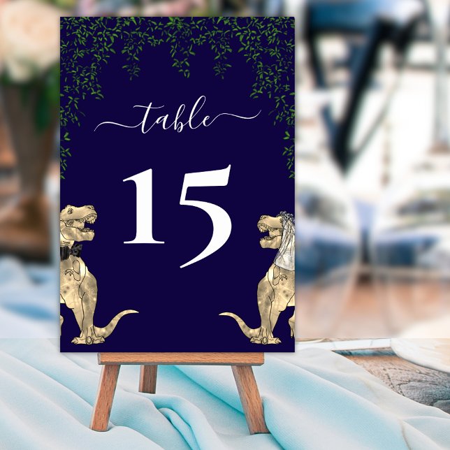 Numeração De Mesa Marinho de Folhagem Dinossauro Azul e Branco (Dinosaur wedding navy blue and white custom table number card Elegant modern script T-Rex dino )