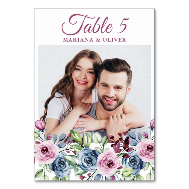 Numeração De Mesa Marinho Fotográfico Blue Burgundy Mesa Floral Numb (Frente)