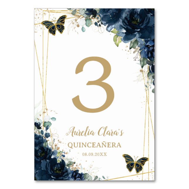 Numeração De Mesa Marinho Quinceañera Azul Borboletas Douradas Flora (Frente)