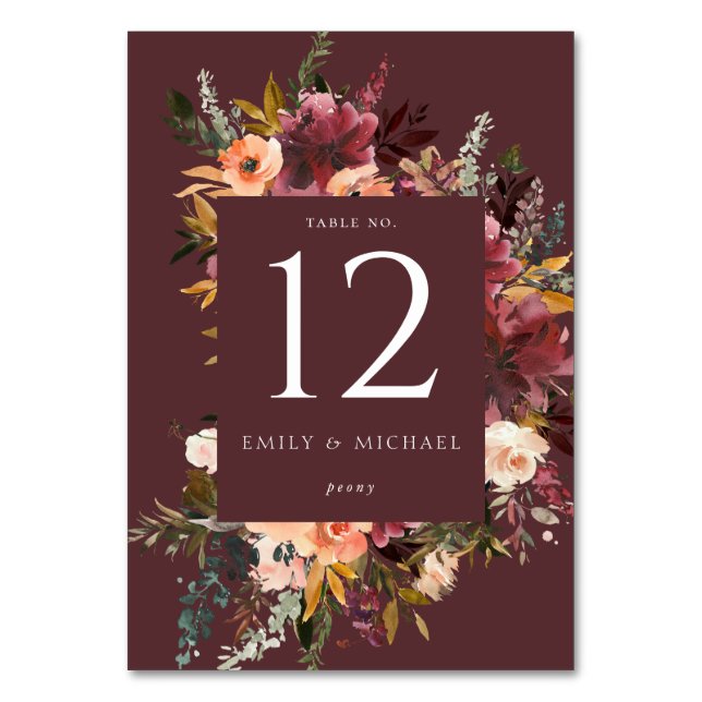 Numeração De Mesa Marsala Burgundy Peach Watercolor Floral (Frente)