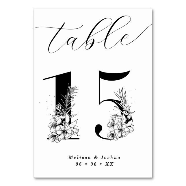 Numeração De Mesa Mesa 15 Floral Elegante Preto e Branco (Frente)