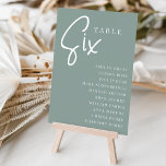 Numeração De Mesa Mesa com script de mão SEX   Nomes de convidado<br><div class="desc">Cartões simples e chic em Eucalyptus Green e White fazem uma declaração elegante no seu casamento ou evento. Design apresenta "mesa [number]" em uma combinação de olhares de serif clássica e de caracteres de script manuscritos, com nomes individuais de convidados por baixo. Design repete-se de ambos os lados. Cartões numerados...</div>