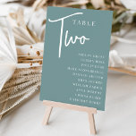 Numeração De Mesa Mesa com script duas vezes   nomes de convidado<br><div class="desc">Cartões simples e chic em aqua empoeirado e branco fazem uma declaração elegante no seu casamento ou evento. Design apresenta "mesa [number]" em uma combinação de olhares de serif clássica e de caracteres de script manuscritos, com nomes individuais de convidados por baixo. Design repete-se de ambos os lados. Cartões numerados...</div>
