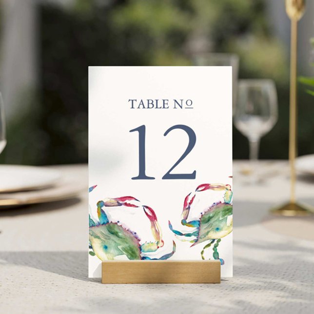 Numeração De Mesa Mesa de Casamento de Praia Número Caranguejo Azul (Beach wedding table number watercolor blue crab art by Victoria Griglaliunas of Do Tell A Belle)