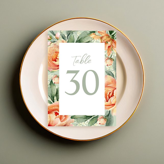 Numeração De Mesa Mesa de Casamento Elegante Número Verde Pêssego Fl (Elegant watercolor wedding table number with peach and blue floral. )