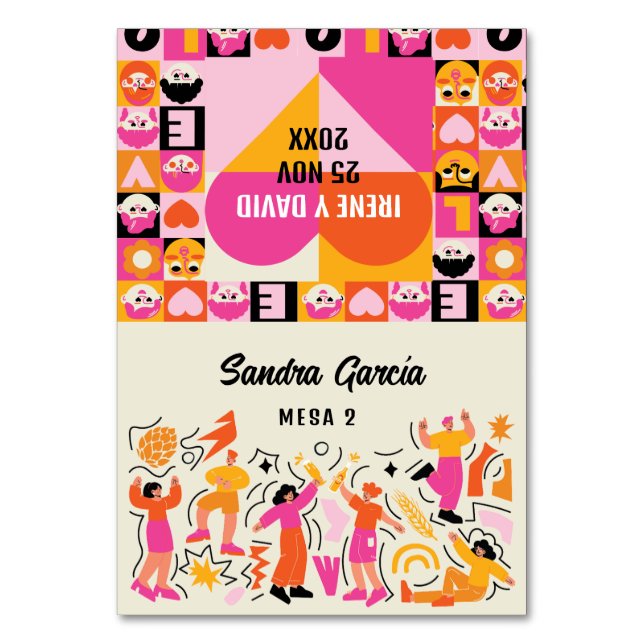 Numeração De Mesa Mesero Plegable Boda Festival Naranja y Rosa (Frente)