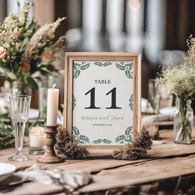 Numeração De Mesa Mexican Talavera Green Floral Minimalist Wedding (Mexican Talavera Green Floral Minimalist Wedding Table Number)