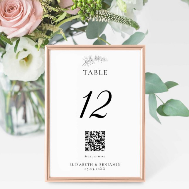 Numeração De Mesa Minimal Wedding QR Code Menu Elegant Black White (Criador carregado)