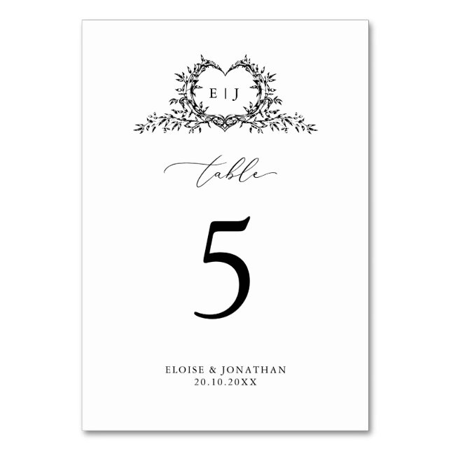 Numeração De Mesa Minimalist Monogram Calligraphy Crest Wedding (Frente)