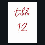 Numeração De Mesa Minimalist Red and White Table Number<br><div class="desc">Help your guests find their seats with this elegant red and white table card. The letters and numbers are in a script font.</div>
