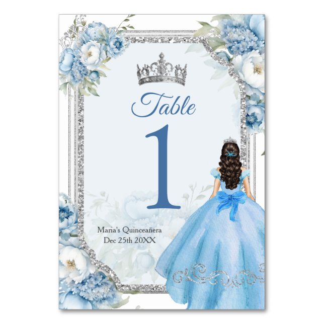 Numeração De Mesa Mis Quince Blue Floral Silver Crown Quinceañera (Frente)