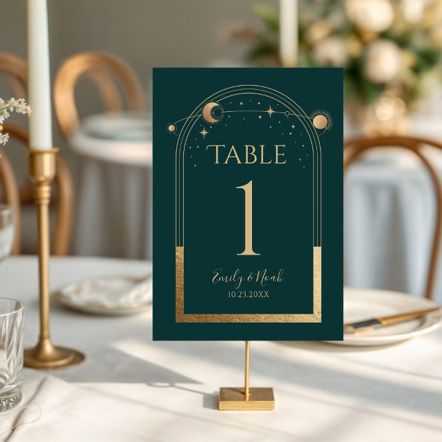 Numeração De Mesa Mística Verde Dourada Sol Lua Estrelas Casamento (Criador carregado)
