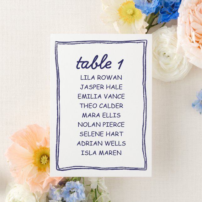 Numeração De Mesa Modern Blue Doodle Wedding Seating Chart Card (Criador carregado)
