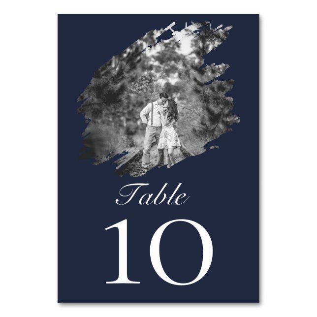 Numeração De Mesa Modern Brushstroke Photo Wedding | Navy Blue (Frente)