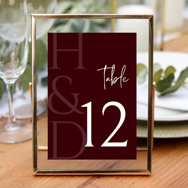 Numeração De Mesa Modern Burgundy Monogram Minimalist Wedding (Criador carregado)