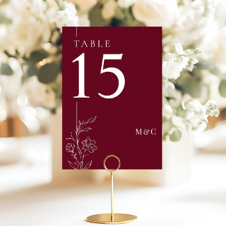 Numeração De Mesa Modern Line Art Floral Burgundy Elegant Wedding