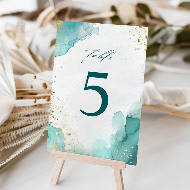 Numeração De Mesa Modern Teal Gold Abstract Beach Wedding (Criador carregado)