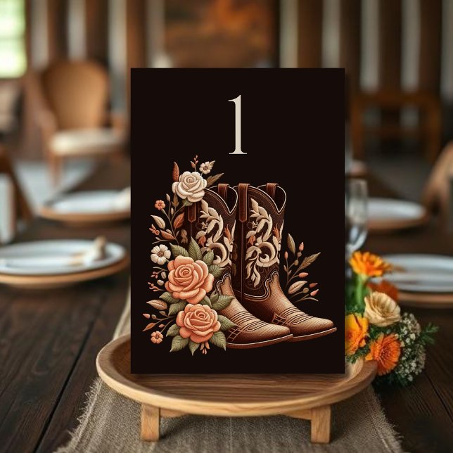 Numeração De Mesa Moderno País Elegante - Flores Ocidentais (Country Western-Flowers with Cowboy Boots-Wedding dark Table Numbers)