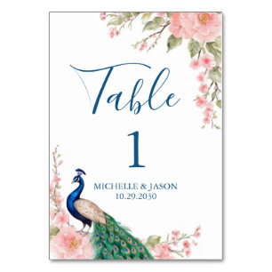 Numeração De Mesa Moderno Pavão de Aquarela Tendência Flores Casamen