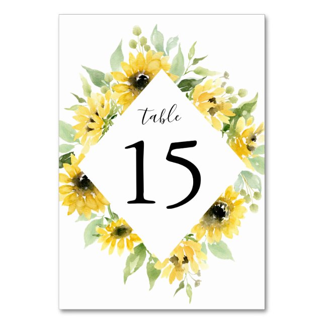 Numeração De Mesa Moldura Floral de Girassóis em Aquarela | Casament (Frente)