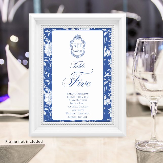 Numeração De Mesa Monogram Blue Floral Script Five 8 Names (Criador carregado)