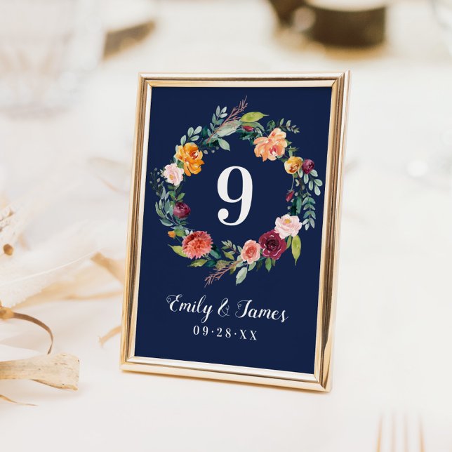 Numeração De Mesa Monograma de Casamento Floral de marinho Rustic Bu (Criador carregado)