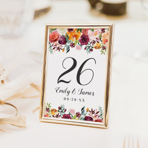 Numeração De Mesa Monograma de Floral de Outono em Burgundy Rústico