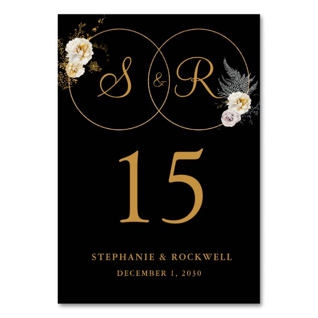 Numeração De Mesa Monograma Dourado com nome preto Casamento inicial (Frente)