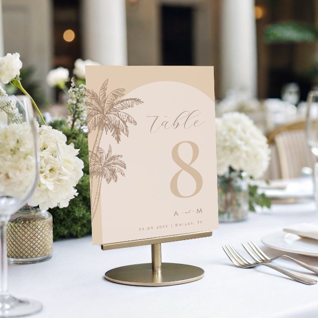 Numeração De Mesa Monograma em Script Bege com Palmeira Casamento na (Criador carregado)