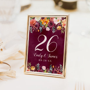 Numeração De Mesa Monograma Floral de Casamento Burgundy Rústico de