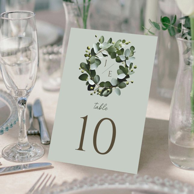 Numeração De Mesa Monograma Moderno Eucalyptus Wreath | Sage Green (Sage Green Modern Monogram Eucalyptus Wreath Wedding Table Card)